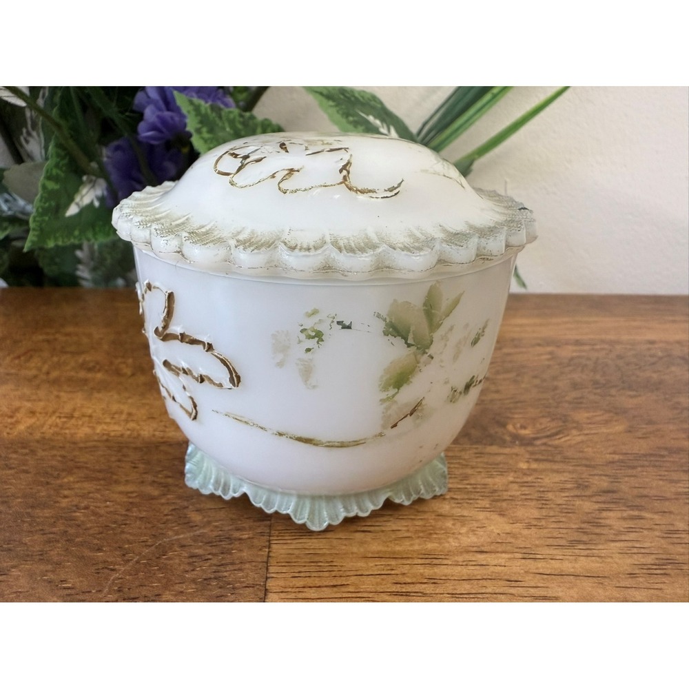 Victorian Hand Painted Milk‎ Glass Lidded Jar Antique Footed Trinket Candy Dish